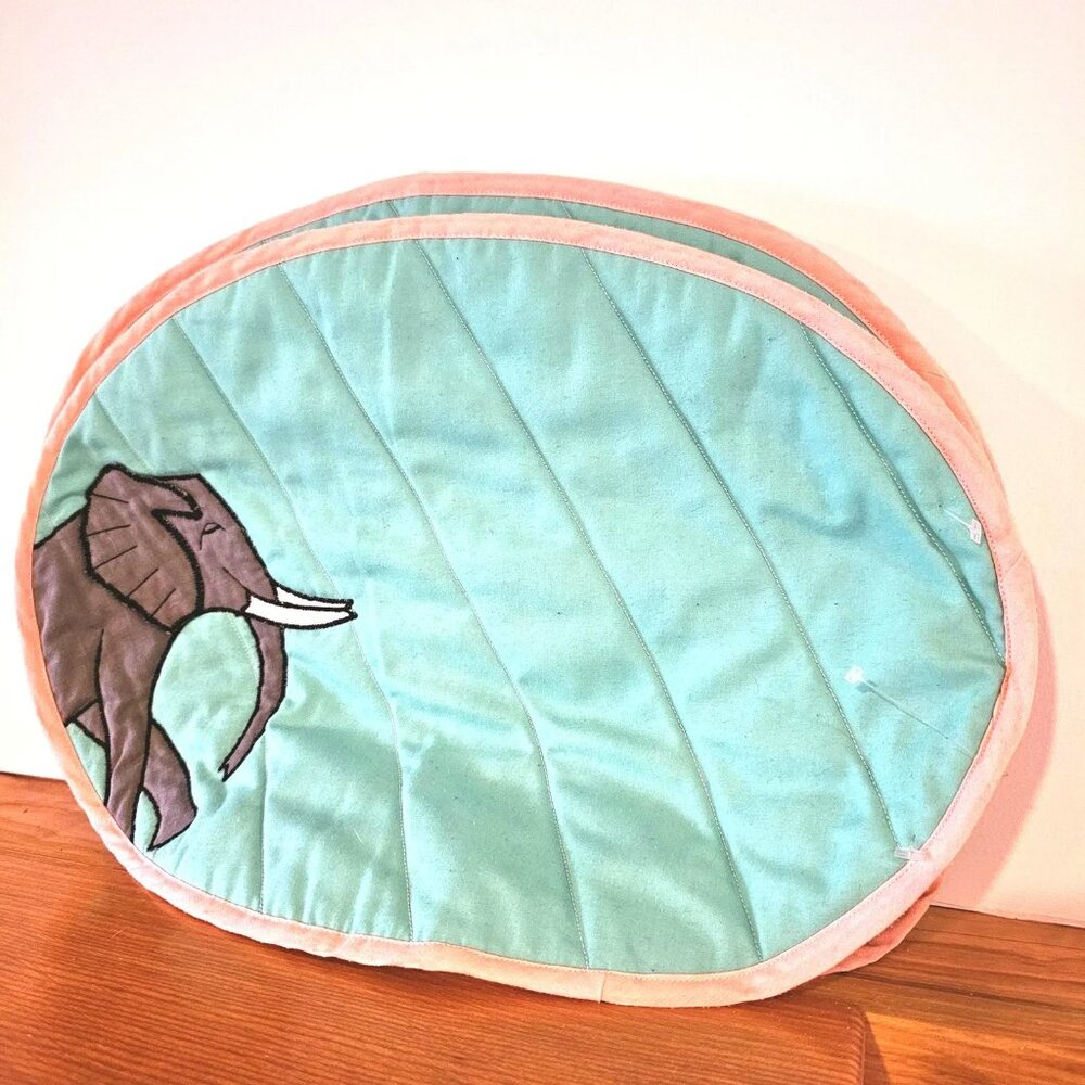 Set of 6 Vintage Quilted Oval Turquoise Placemats with Elephant Embroidery